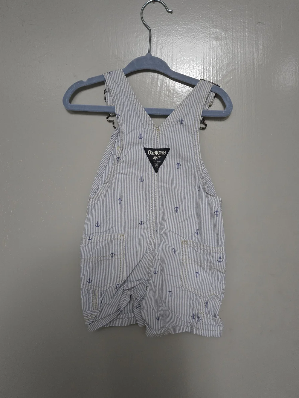 OshKosh B'gosh Light Blue & White Striped Anchor Shortalls